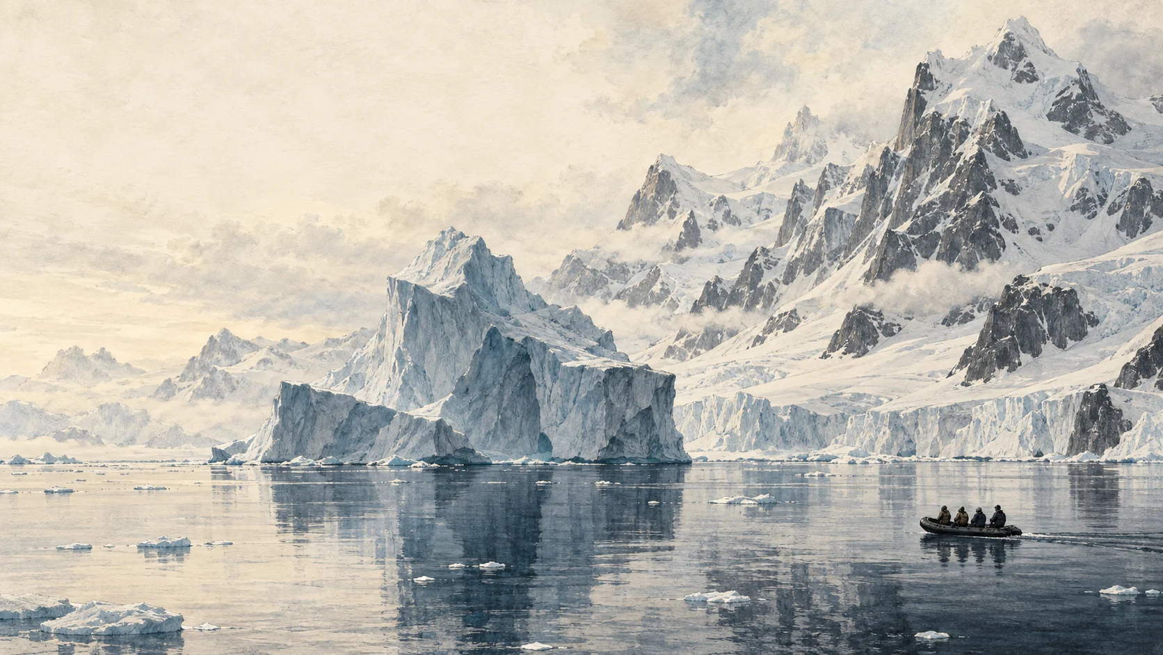 Watercolor rendering of Antarctic mountains and a small expedition boat