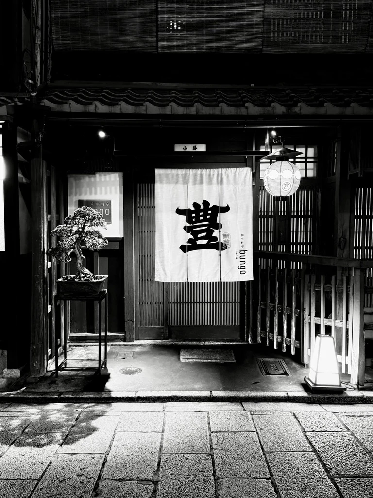 Black and white Japanese storefront with lantern and bonsai