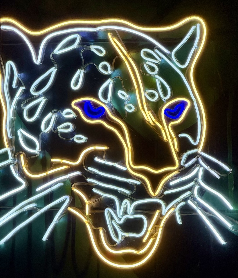 A leopard face outlined in yellow and white neon with blue eyes