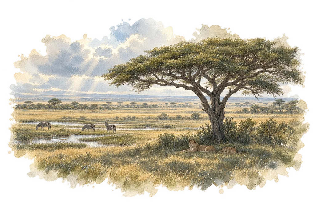 Watercolor rendering of acacia trees, lions and zebra on an African plain