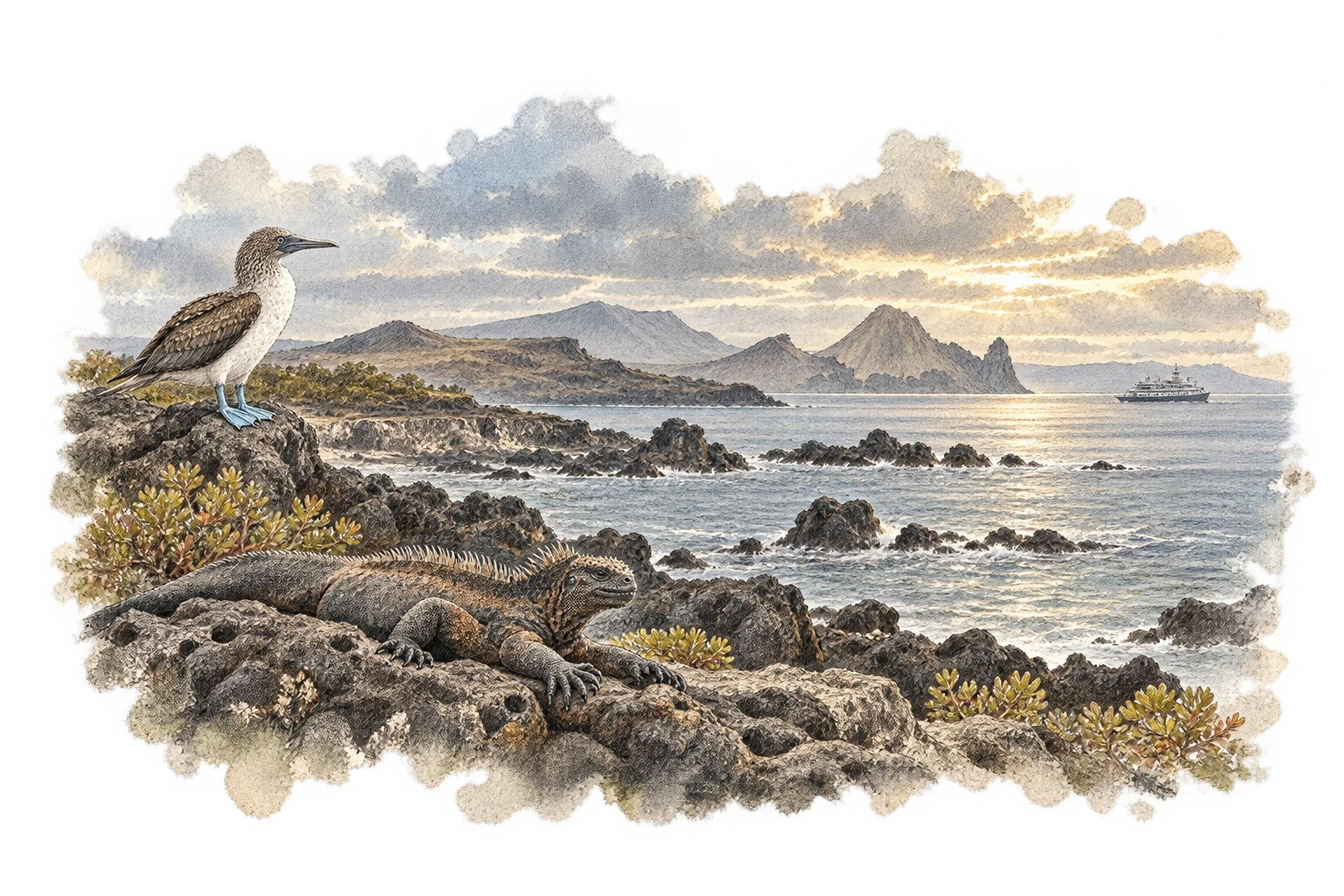 Pen-and-watercolor study of a Galápagos volcanic shore, marine iguana, blue-footed booby, and distant expedition vessel