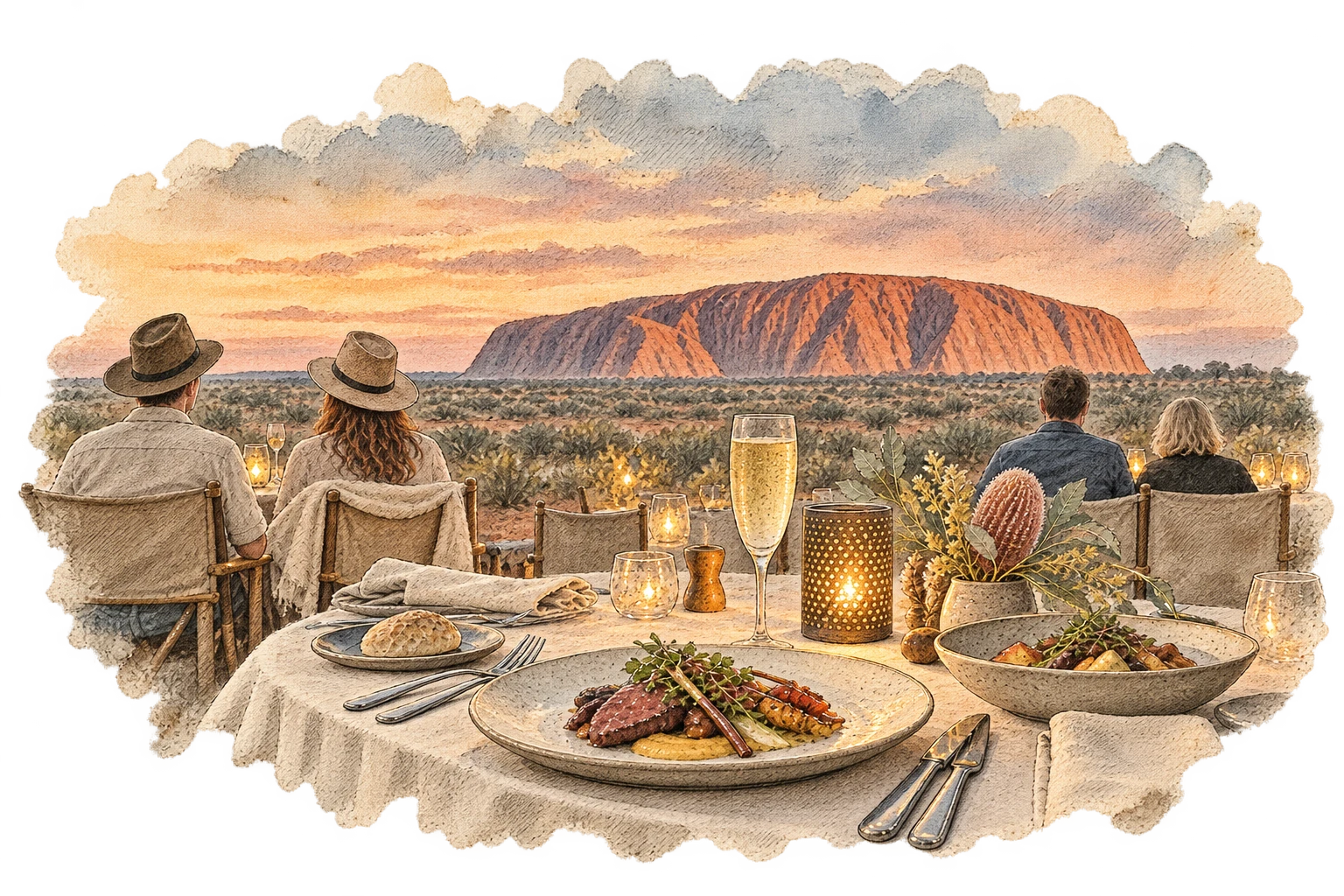 Dinner at a shared table as the desert slips into dusk.