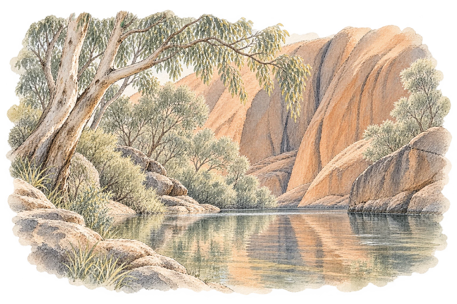 Mutitjulu Waterhole: a leafy, shaded side of the Uluru landscape.