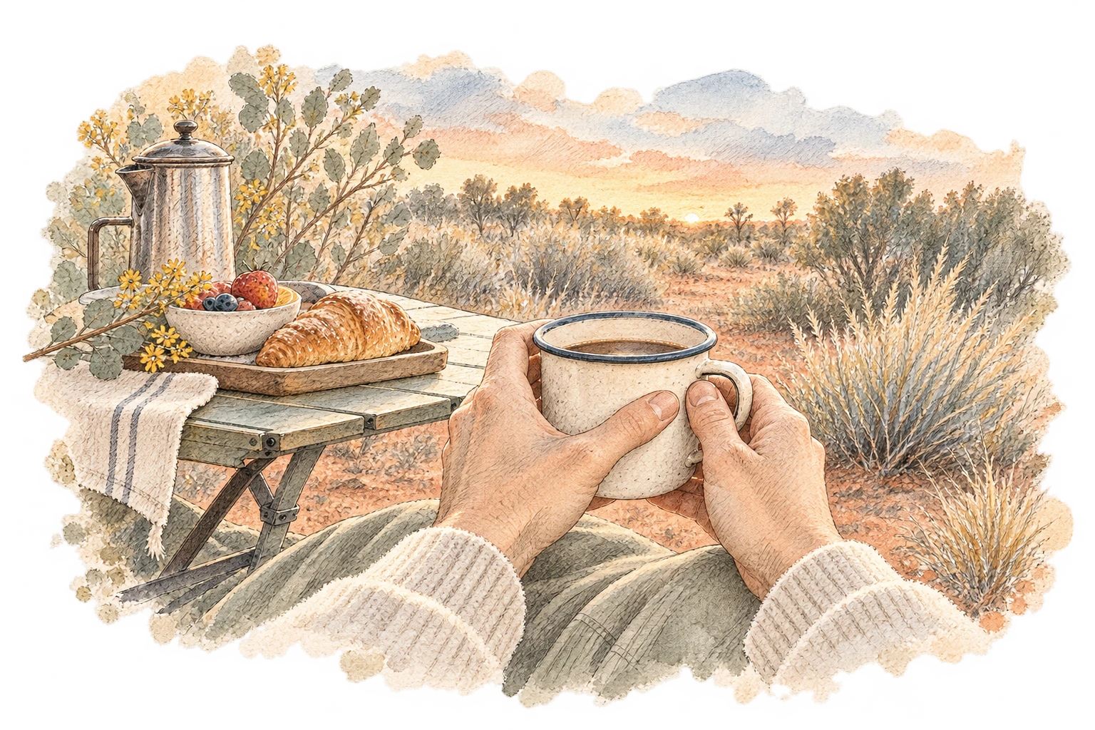 A warm cup and a quiet breakfast in the morning air.