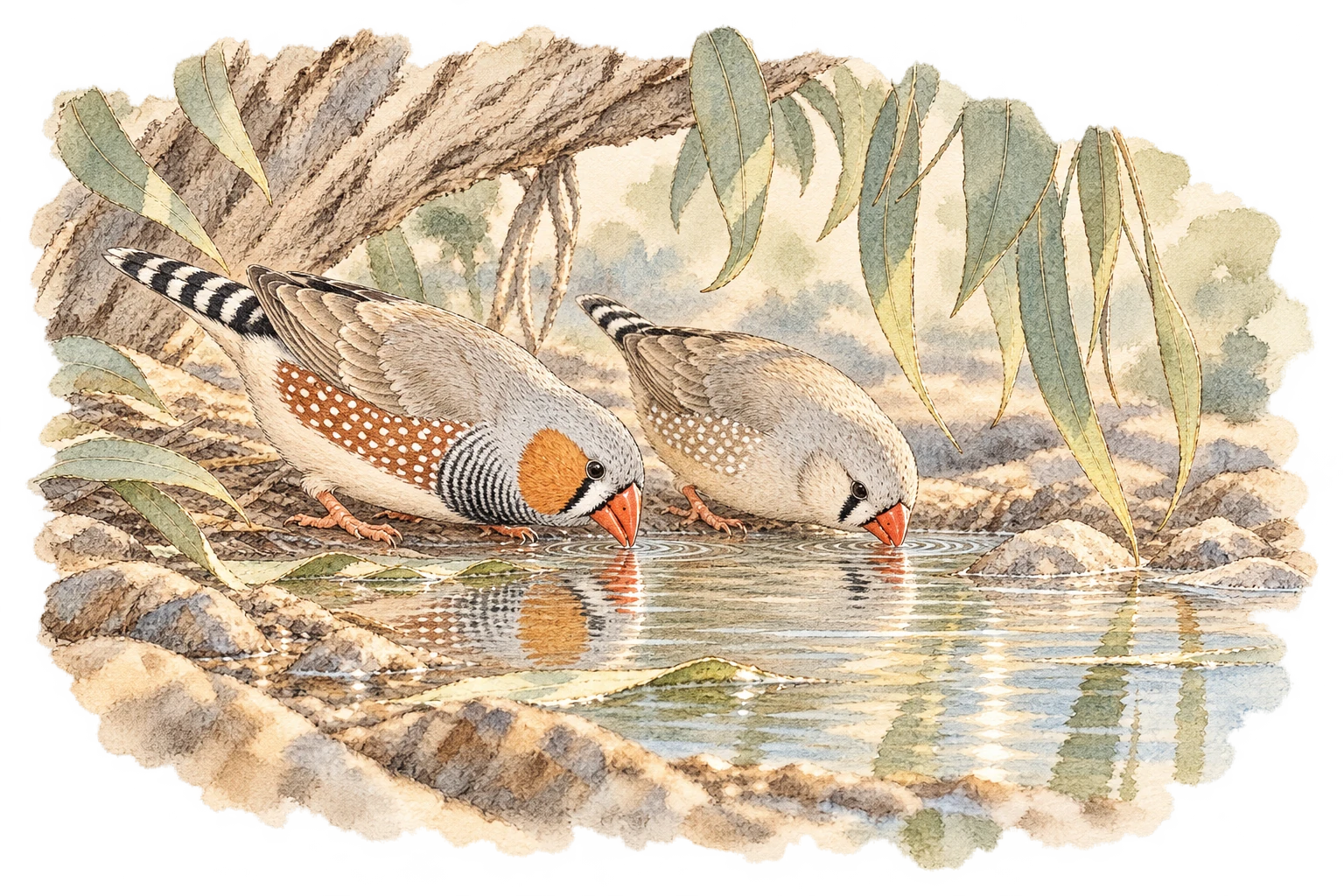 Zebra finches near the water: the Red Centre rewards a closer look.