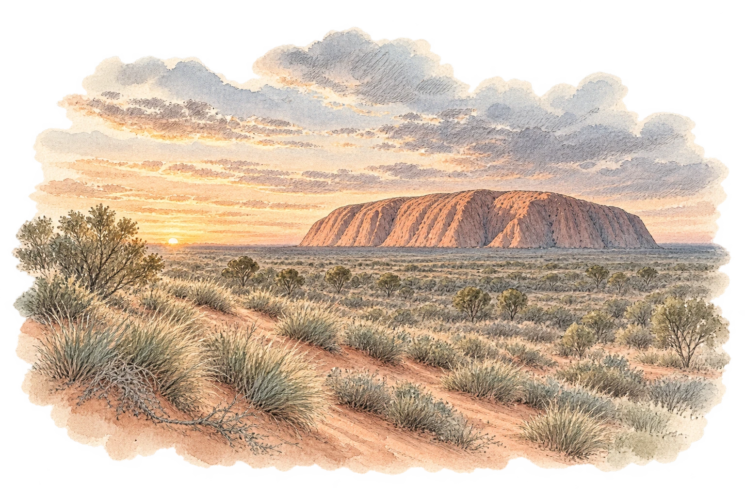 The changing light of sunrise over Uluru.