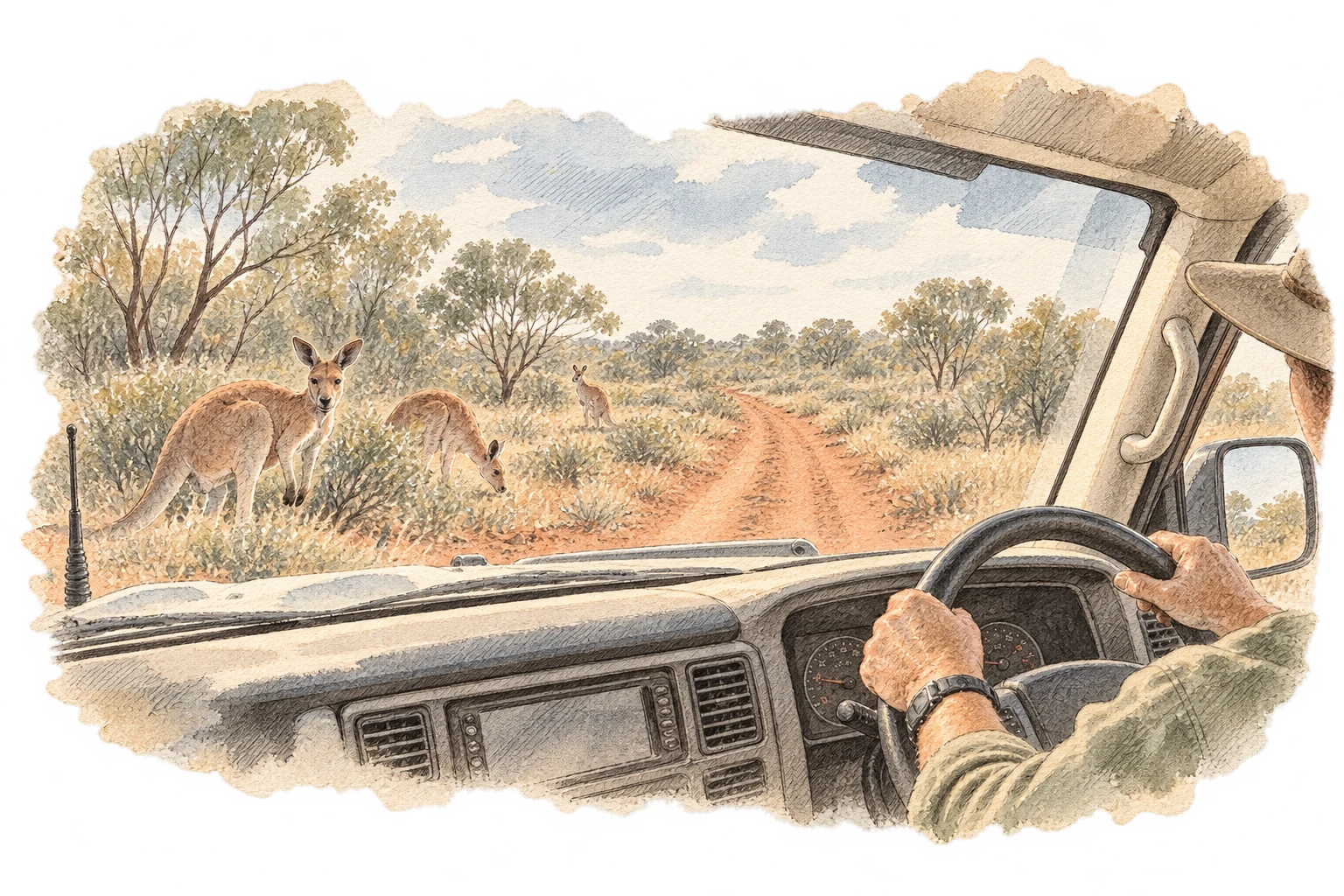 A front-seat perspective on the 4WD tracks of Curtin Springs station.