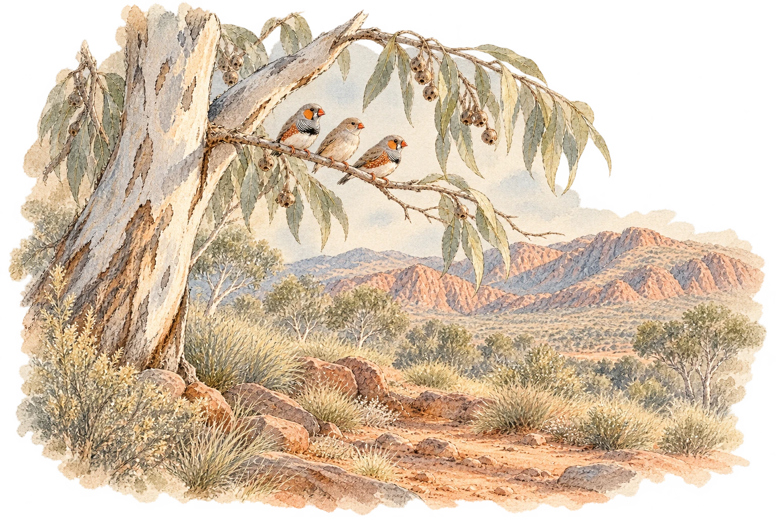 Gum trees and small birds bring life to a roadside pause.