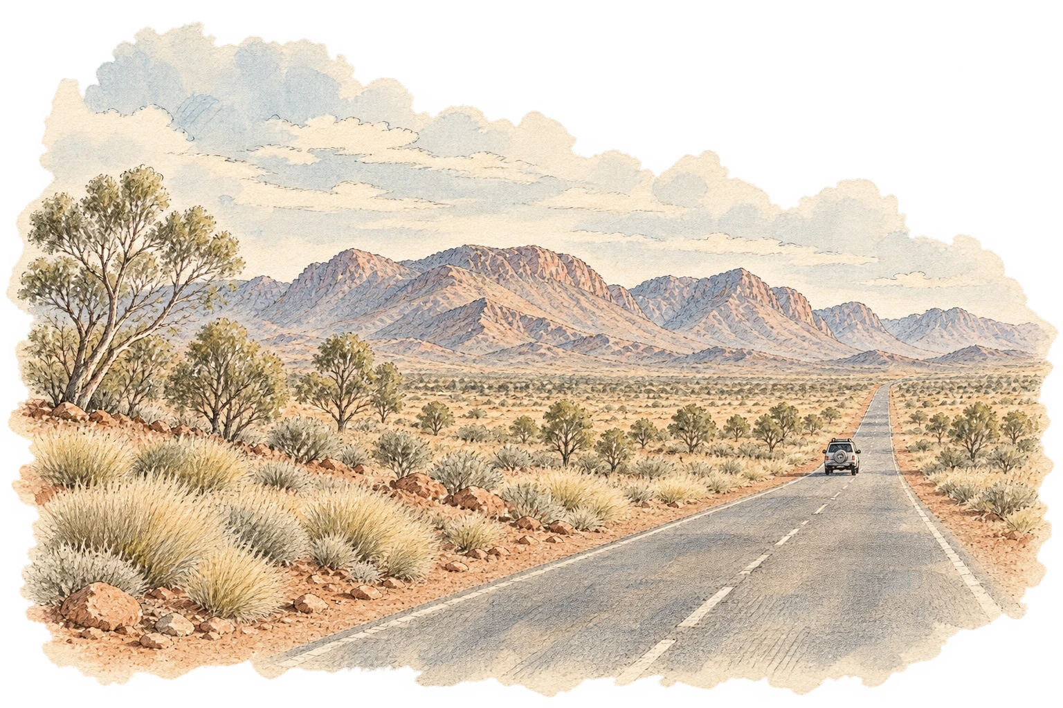 The road north: changing country and the MacDonnell Ranges.