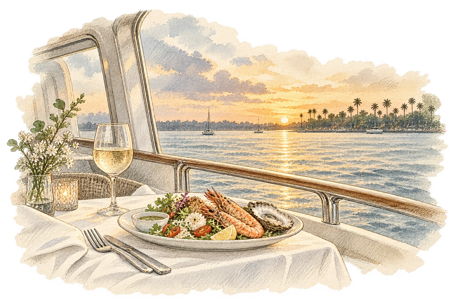 Dinner with a changing harbor view from the Captain’s Deck.