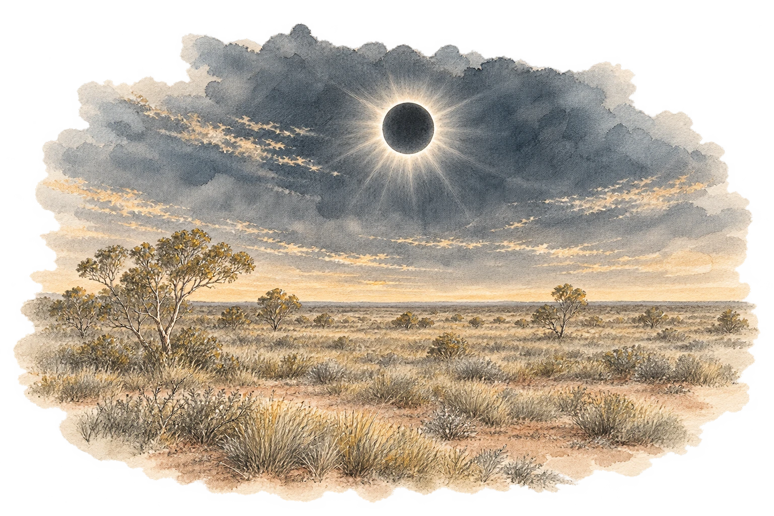 Total solar eclipse above the flat open Lower Barkly landscape